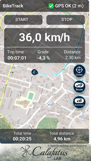 BikeTrack ride screen with route, speed and basic ride data