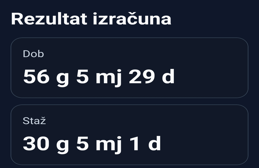 Rezultat izračuna dobi i staža u aplikaciji kalkulator mirovine