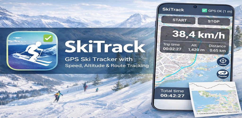 SkiTrack feature preview on a snowy background