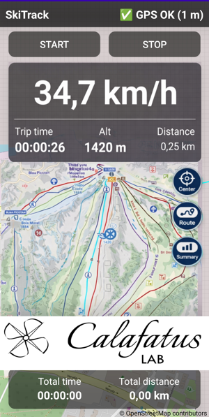 SkiTrack screen with speed, altitude, route and tracking buttons